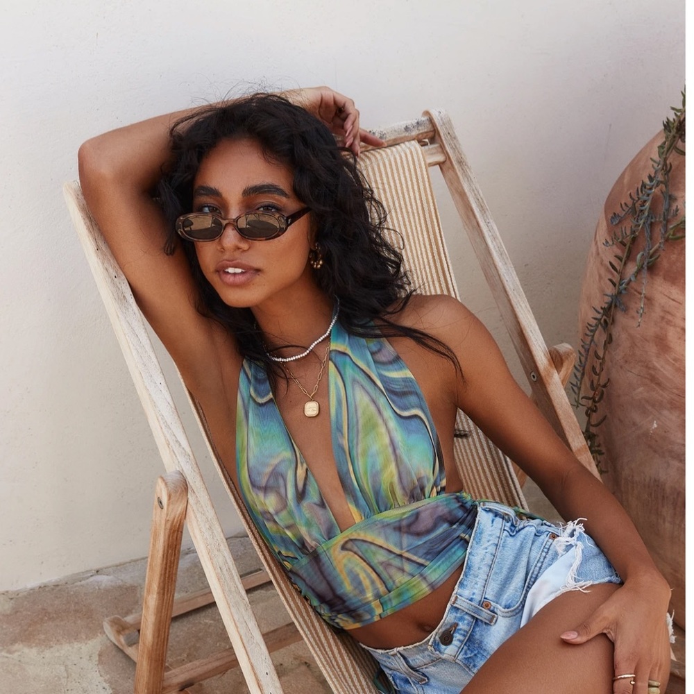 12th Tribe Stevie Multigreen Mesh Halter Top